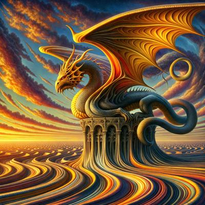 Primary subject: A dragon with a yellow and red body, sitting on top of a building.

Setting/background: The dragon is sitting on top of a building, which is surrounded by a beautiful landscape.

Visual style: The image is a digital art piece, featuring a vibrant and detailed dragon.

Colors and mood: The dragon has a yellow and red body, which gives it a warm and lively appearance. The overall atmosphere of the image is fantastical and imaginative